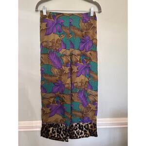 Vanity S Boho Wide Leg Crop Pants Tropical Floral Leopard Trim Rayon